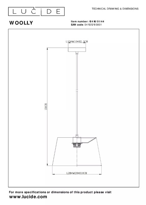 Pendelleuchte WOOLLY Baumwolle E27 dimmbar 28x28x150cm