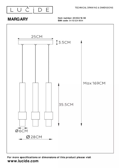 82r5vWmFMGtbVp Pendelleuchte MARGARY Aluminium 3x4W 433lm 2700K Warmweiß 28x28x169cm
