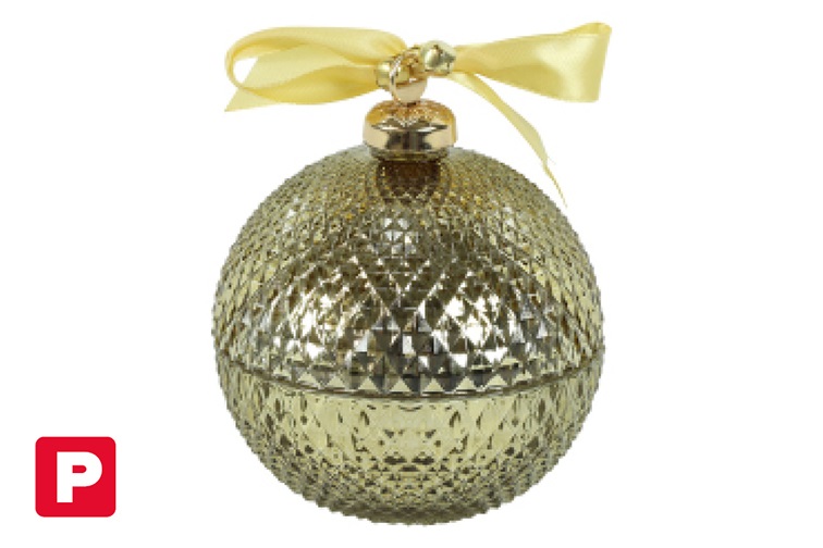 Kerze im Weihnachtskugelglas Gold 20H 11x11x13cm