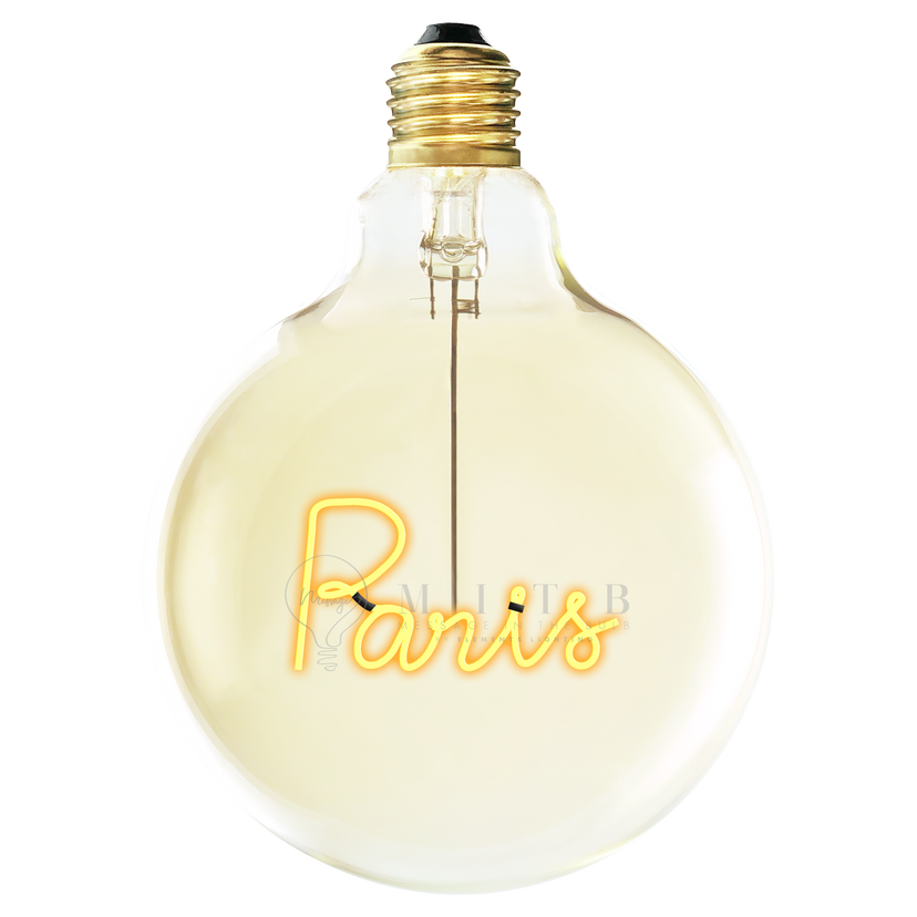 LED Globebirne mit Schriftzug PARIS G125 E27 2,5W 2200K 67lm 12,5x12,5x17,2cm LED Globebirne mit Schriftzug PARIS G125 E27 2,5W 2200K 67lm 12,5x12,5x17,2cm