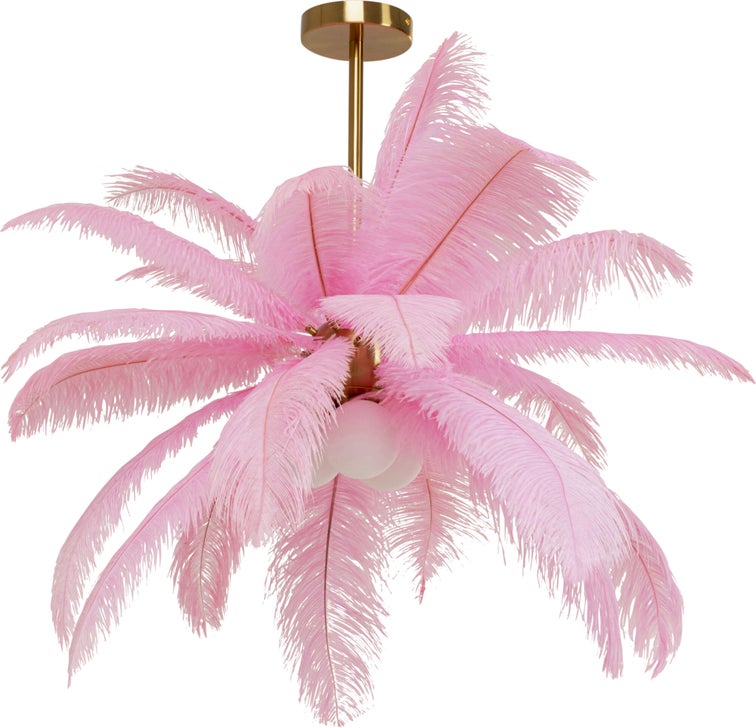  LED Hängeleuchte FEATHER PALM 3xG9 Messing Straußenfedern Pink handgearbeitetes Unikat 87x87x62cm