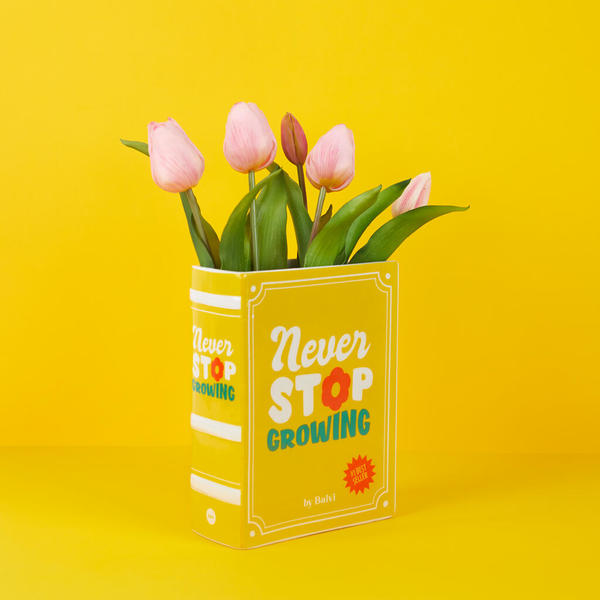 2-in-1 Deko-Vase & Buchstütze BOOK - NEVER STOP GROWING Gelb Keramik 6,5x15x20cm