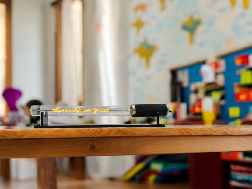 LED Tube mit Schriftzug THE WORLD IS YOURS Glas Gelb E27 2,5W 2200K 67lm 45x4x4cm   LED Tube mit Schriftzug THE WORLD IS YOURS Glas Gelb E27 2,5W 2200K 67lm 45x4x4cm