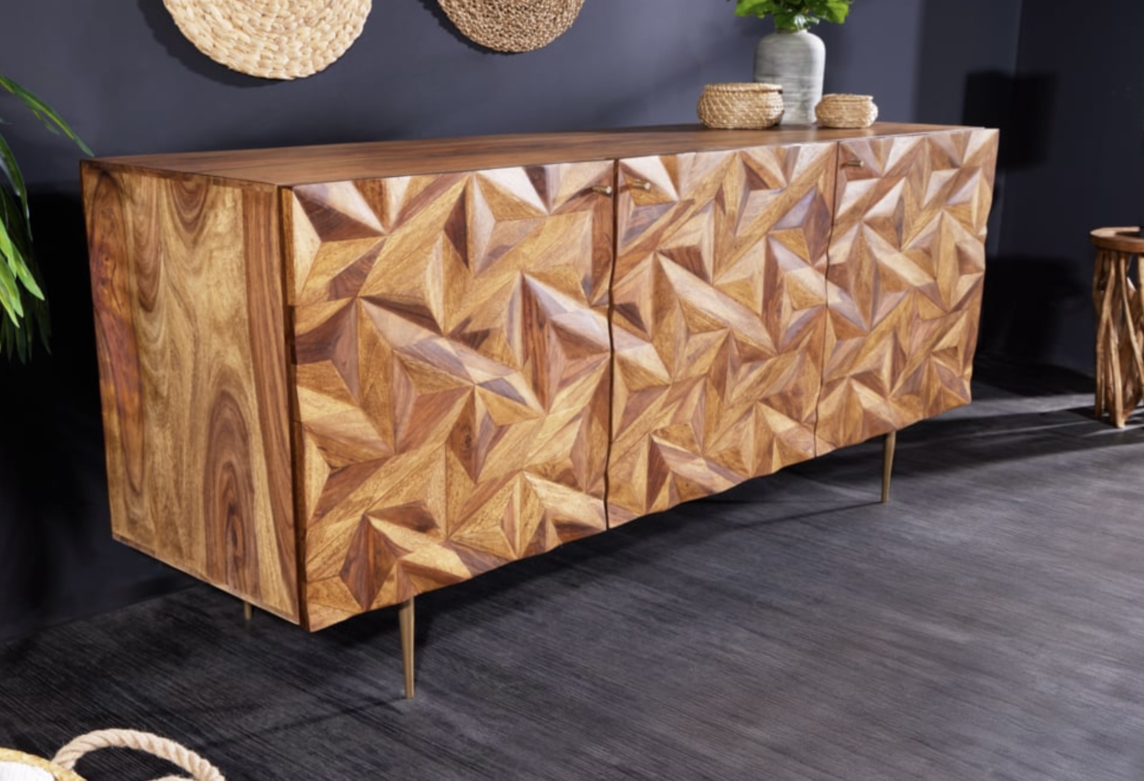 IMG_0457 Sideboard ALPINE Sheeshamholz Metall Matt-Gold handgearbeitet Unikat 145x43x73cm