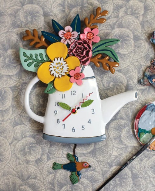 Pendeluhr BLOSSOMS CLOCK Florale Kaffeeekanne Polyresin handbemalt batteriebetrieben 5x27,9x44,5cm
