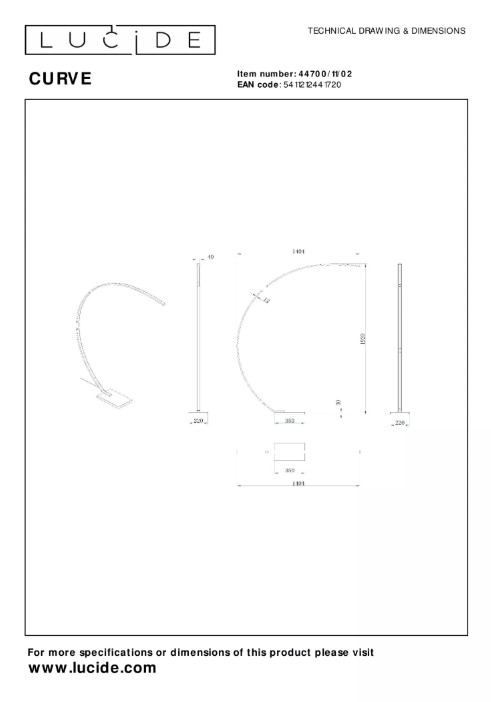 Bogenlampe CURVE Metall 15W 540lm 2700K Warmweiß dimmbar 140,4x22x192cm