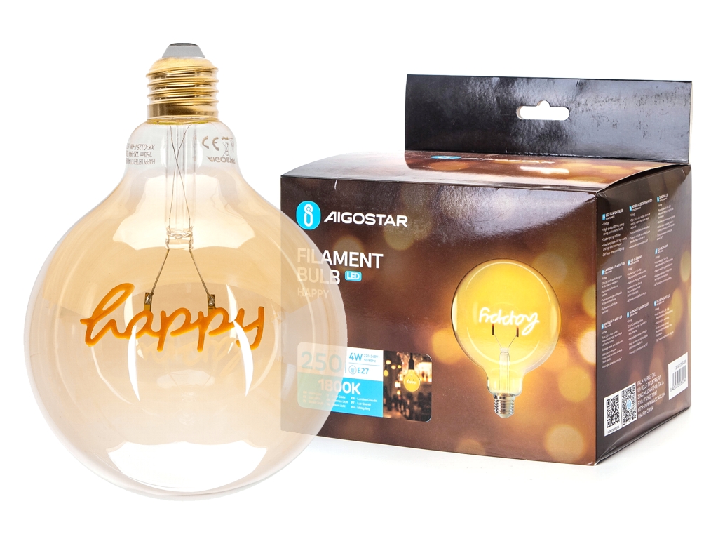 LED Globebirne mit Schriftzug HAPPY Gold G125 E27 4W 250lm 1800K Warmweiß 12,5x12,5x17,2cm