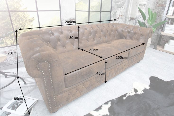 3-Sitzer Sofa CHESTERFIELD Matt-Schwarz 205x85x73cm