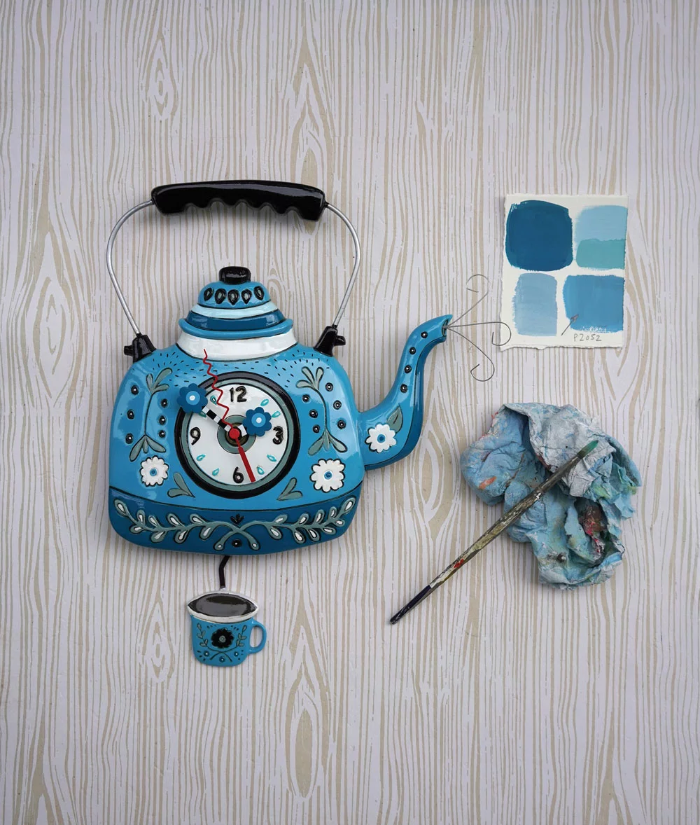 Pendeluhr TEA TIME KETTLE Teekessel Polyresin handbemalt batteriebetrieben 5x27,9x35,6cm