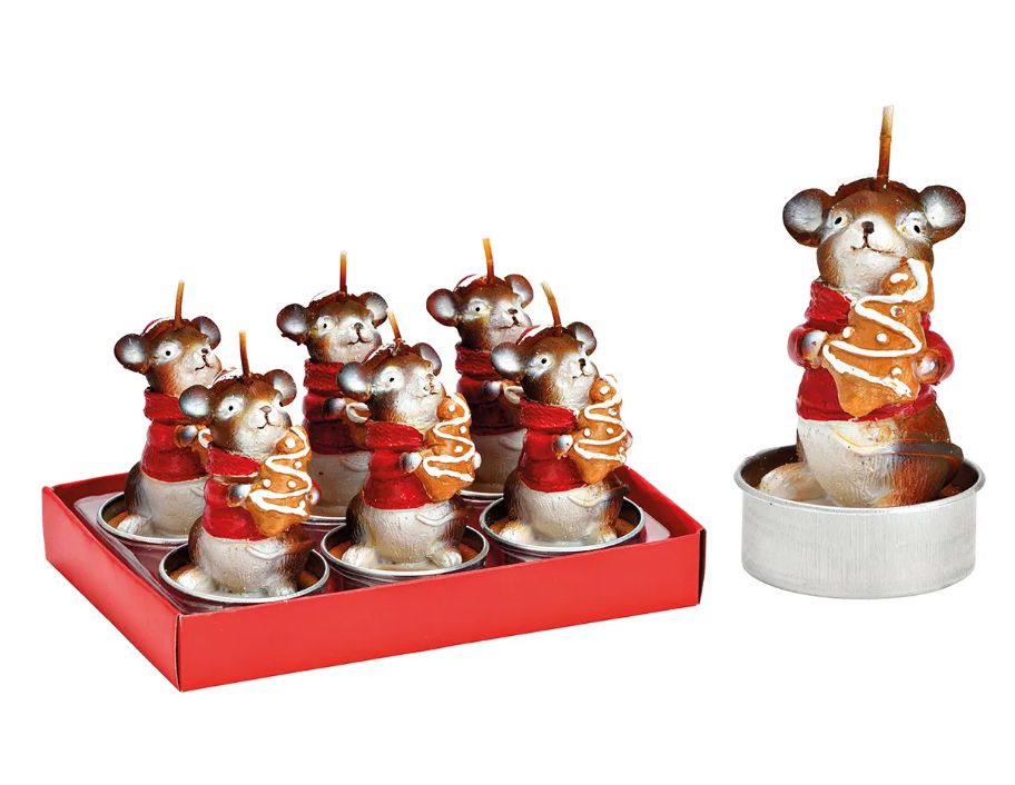 Teelichter WEIHNACHTSMAUS MIT LEBKUCHEN Wachs 4x7x4cm 6er-Set