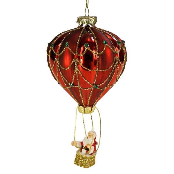 Glashänger LUFTBALLON mit Santa rot Glas 14x7x7cm