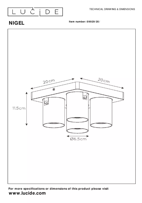 Tec-Draw-DimRnfLXhIwMHelE Deckenstrahler NIGEL Aluminium GU10 4x5W 1280lm 2200K~3000K Dim-To-Warm 20x20x11,5cm