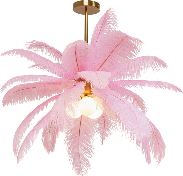 LED Hängeleuchte FEATHER PALM 3xG9 Messing Straußenfedern Pink handgearbeitetes Unikat 87x87x62cm  LED Hängeleuchte FEATHER PALM 3xG9 Messing Straußenfedern Pink handgearbeitetes Unikat 87x87x62cm