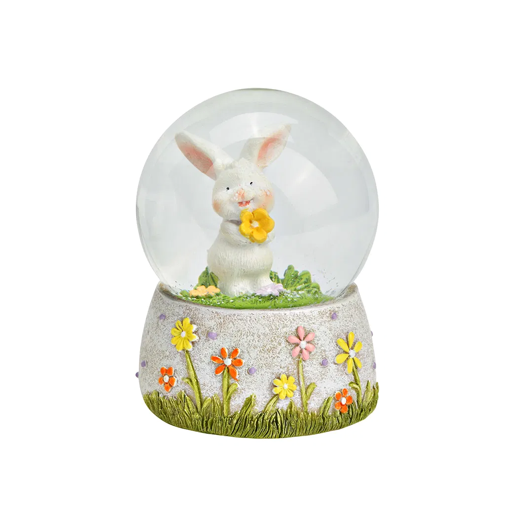 Deko Schneekugel HASE MIT BLUME Glas Polyresin Gelb 7x7x9cm