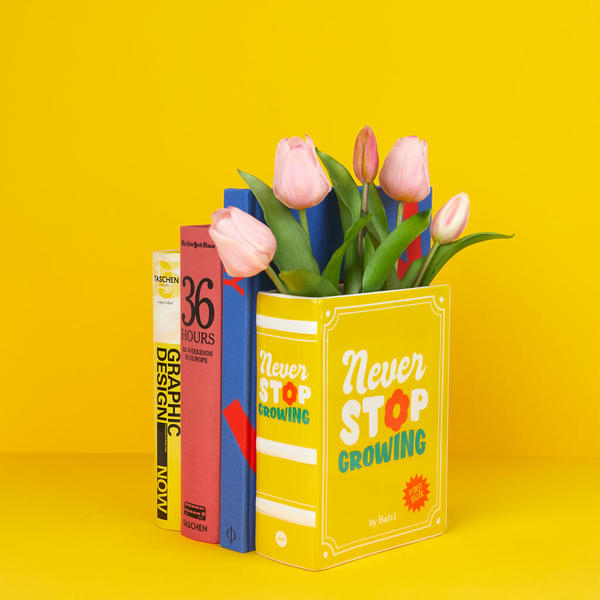2-in-1 Deko-Vase & Buchstütze BOOK - NEVER STOP GROWING Gelb Keramik 6,5x15x20cm