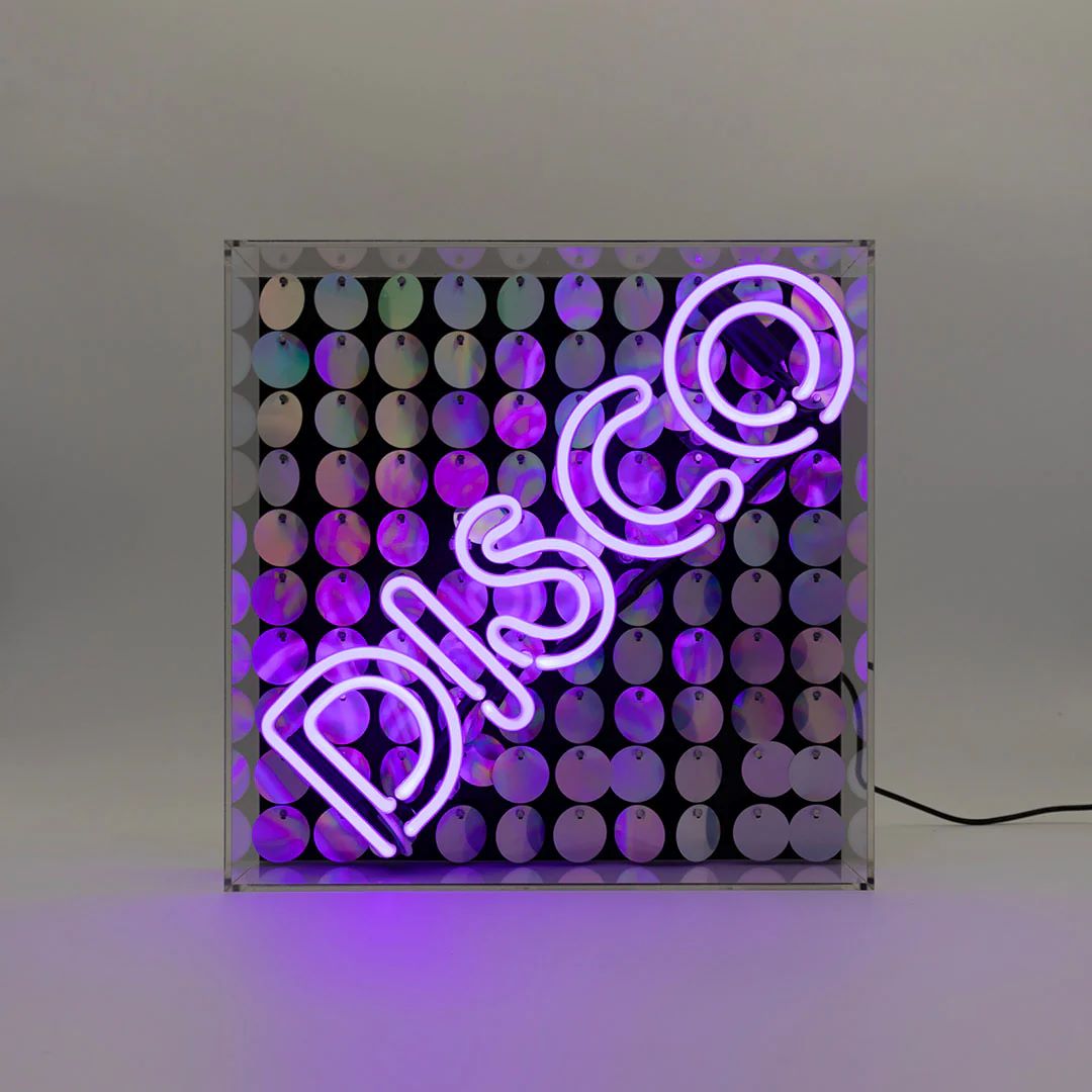 1RVtNOOVvuzZxy Neon Sign-Box DISCO Acryl Pailletten Lila 12V handgemacht 30x10,5x30cm