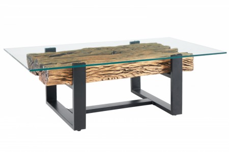 3E20i6L7p4NMOU Couchtisch BARRACUDA recyceltes Teakholz Glas Edelstahl Unikat 130x42x70cm