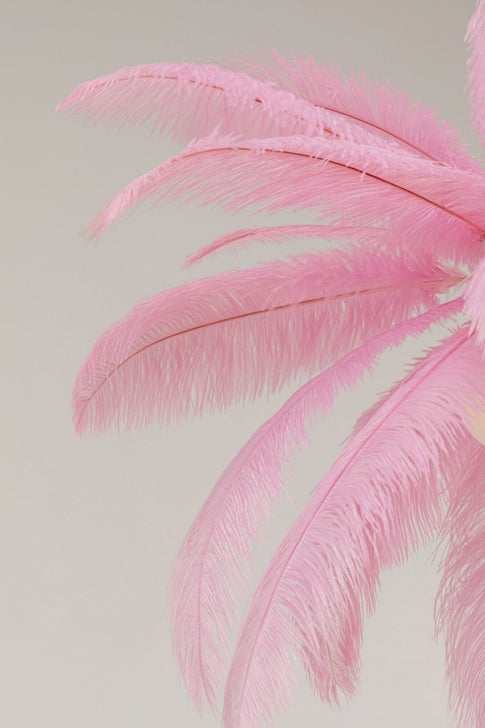  LED Hängeleuchte FEATHER PALM 3xG9 Messing Straußenfedern Pink handgearbeitetes Unikat 87x87x62cm