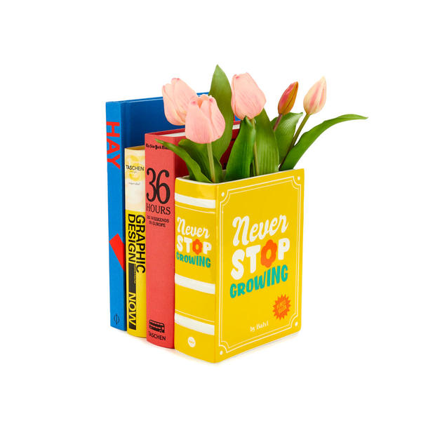 2-in-1 Deko-Vase & Buchstütze BOOK - NEVER STOP GROWING Gelb Keramik 6,5x15x20cm