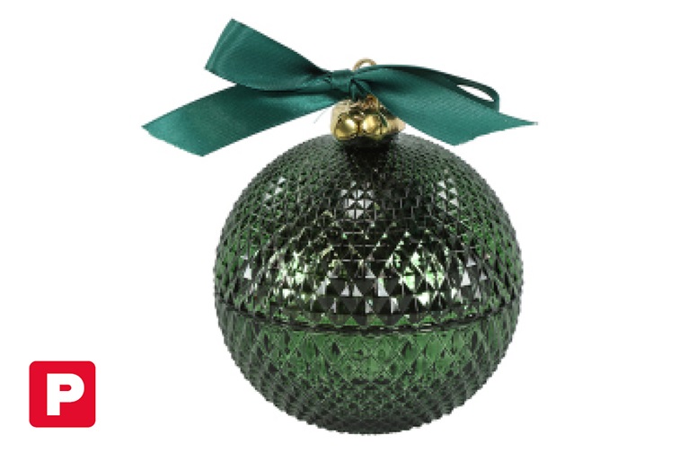 Kerze im Weihnachtskugelglas Grün 20H 11x11x13cm