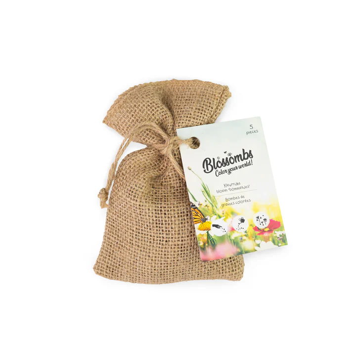 JuteZakje5_Blossombs Jute Beutel mit 8 Blossombs Samenbomben