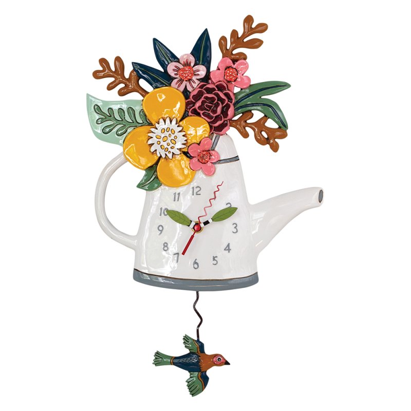 Pendeluhr BLOSSOMS CLOCK Florale Kaffeeekanne Polyresin handbemalt batteriebetrieben 5x27,9x44,5cm