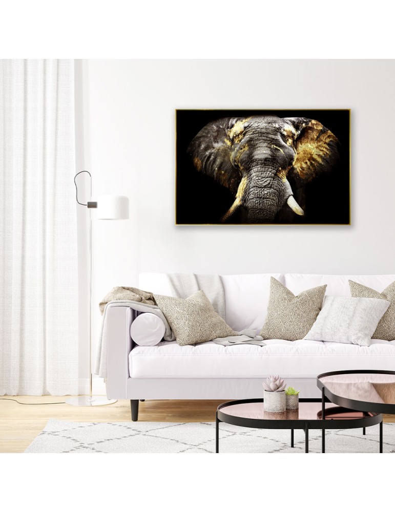 Glasbild GOLDEN ELEPHANT inkl. Rahmen mit Reliefeffekt Strass 4x80x120cm