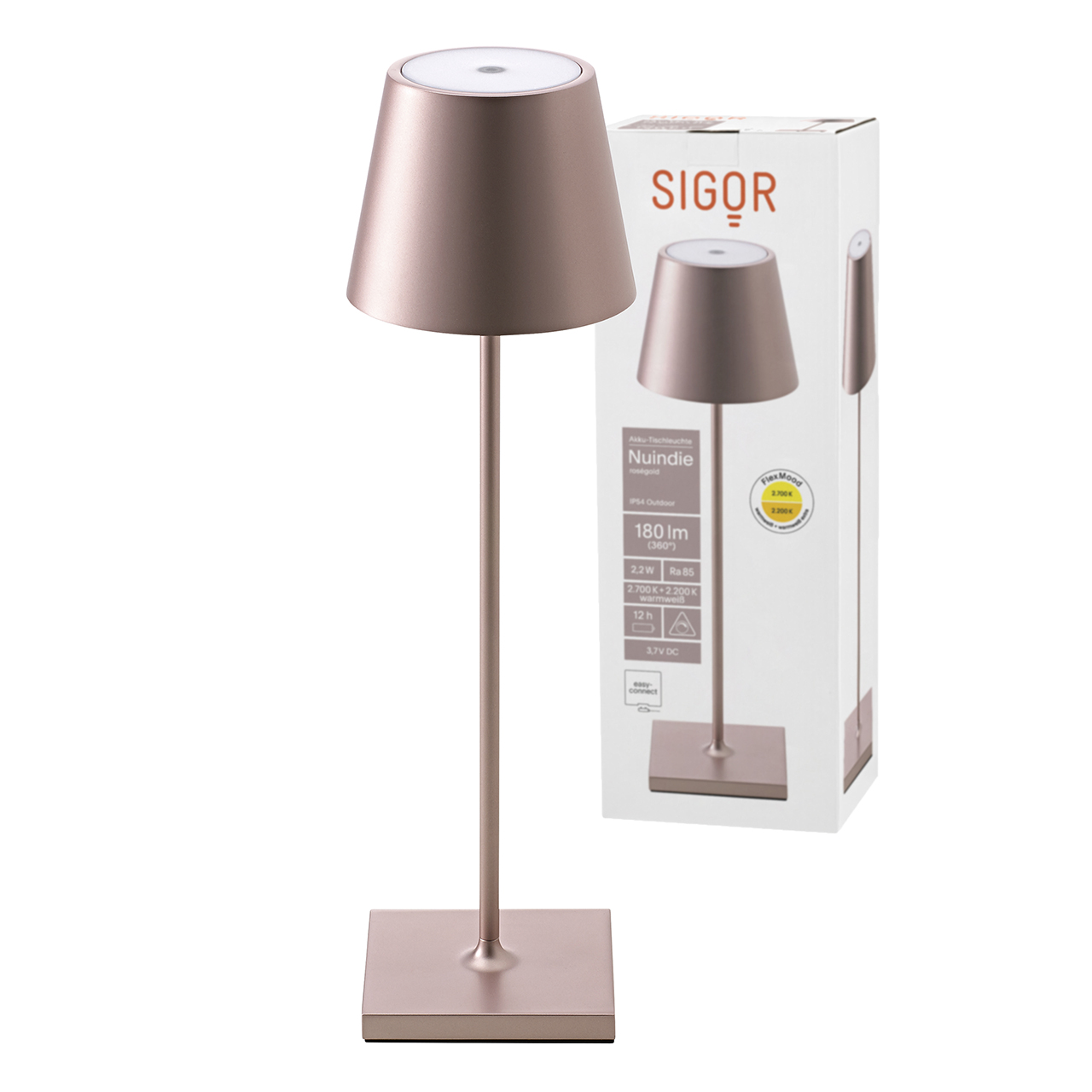 rosegold1 LED Akku-Tischleuchte NUINDIE Metall Roségold 2,2W 168/197lm 2200K/2700K Flex Dim IP54 10x10x38cm