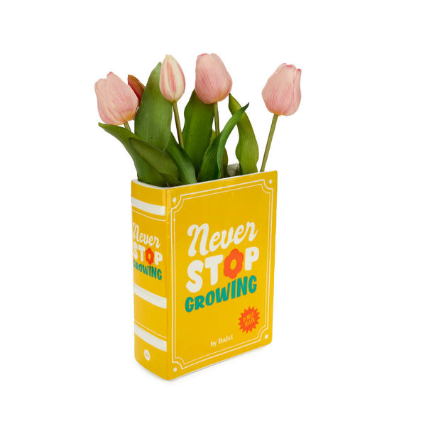 2-in-1 Deko-Vase & Buchstütze BOOK - NEVER STOP GROWING Gelb Keramik 6,5x15x20cm