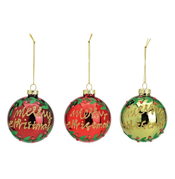 wurm-merry-christmas Weihnachtskugel Merry Christmas aus Glas 3-fach sortiert Bordeaux/Rot/Grün Ø8cm
