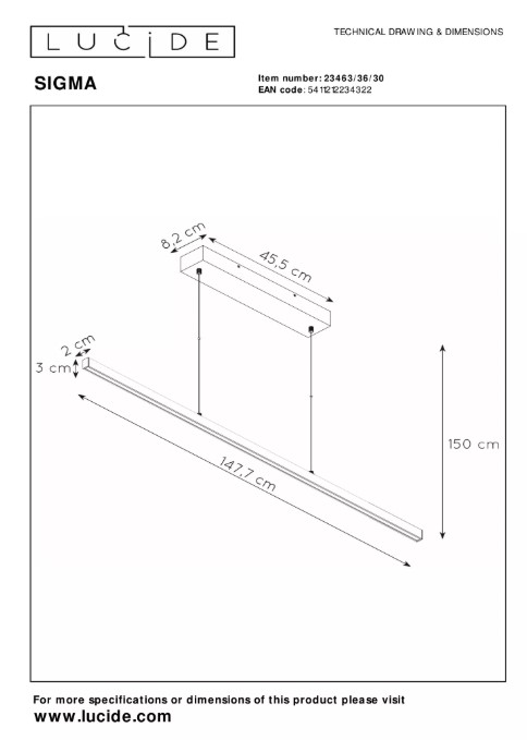 Pendelleuchte SIGMA Aluminium 36W 2104lm 2700K Warmweiß dimmbar 147,7x8,2x150cm