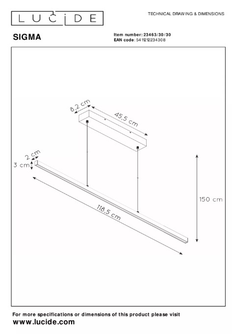 Pendelleuchte SIGMA Aluminium 30W 1711lm 2700K Warmweiß dimmbar 118,5x8,2x150cm