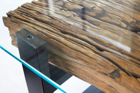 6gYHyny6B46Kpx Couchtisch BARRACUDA recyceltes Teakholz Glas Edelstahl Unikat 130x42x70cm