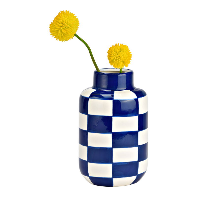 Deko-Vase KARIERT Keramik Blau Weiß 10x10x15cm