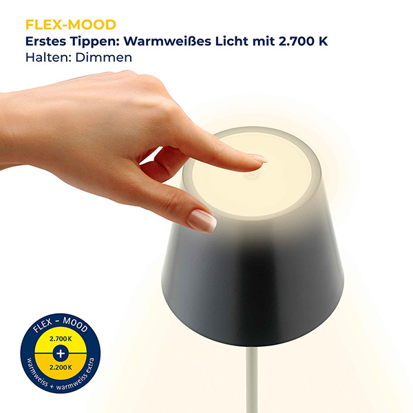 61749_4 LED Akku-Tischleuchte NUINDIE Metall Schwarz 2,2W 168/197lm 2200K/2700K Flex Dim IP54 10x10x38cm