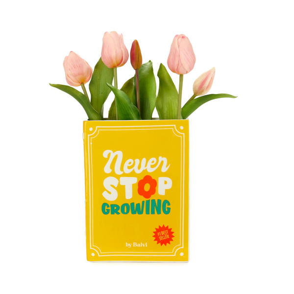 2-in-1 Deko-Vase & Buchstütze BOOK - NEVER STOP GROWING Gelb Keramik 6,5x15x20cm