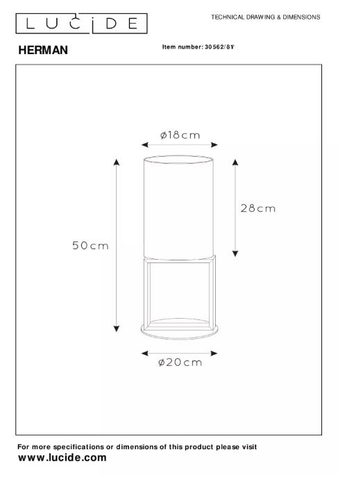 Tischlampe HERMAN Baumwolle Stahl E27 20x20x50cm