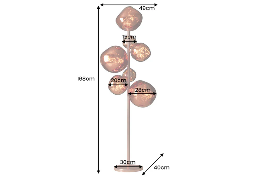 Stehleuchte LIQUID DIAMOND Stahlgestell Kupfer 7 Glasschirme 168x50x36cm
