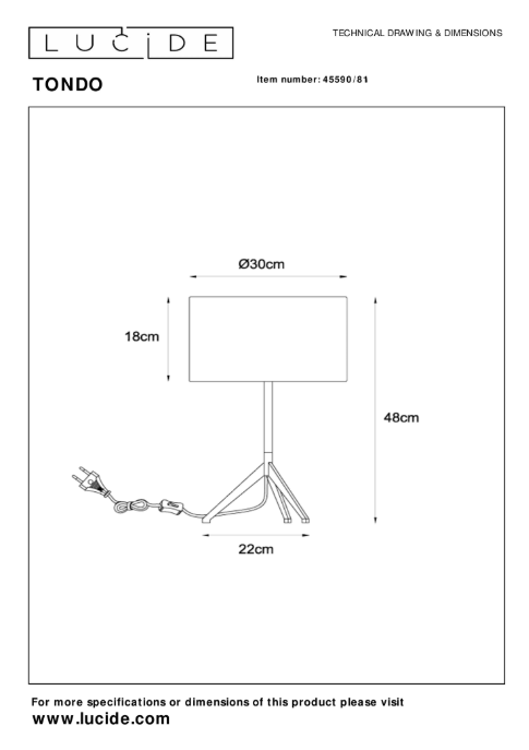 Tec-Draw-Dim2PDIGrTbGowlG Tischleuchte TONDO Baumwolle E27 dimmbar 30x30x48cm
