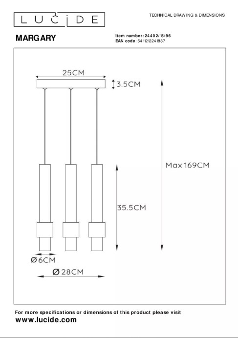7SZpxIloc16uUW Pendelleuchte MARGARY Aluminium 3x4W 433lm 2700K Warmweiß 28x28x169cm