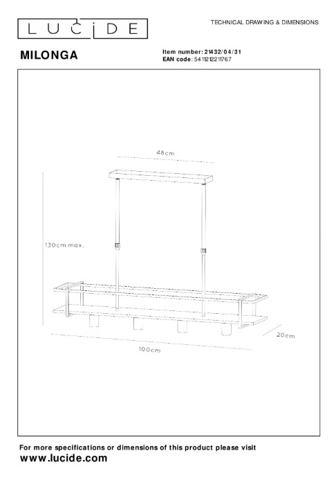 Pendelleuchte MILONGA Metall 4xE27 dimmbar 100x20x130cm