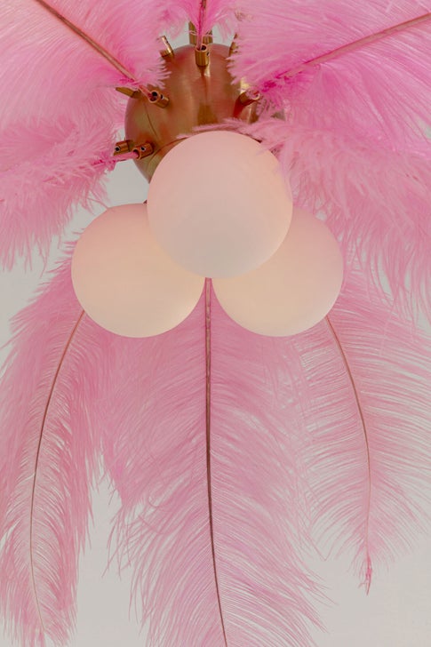  LED Hängeleuchte FEATHER PALM 3xG9 Messing Straußenfedern Pink handgearbeitetes Unikat 87x87x62cm