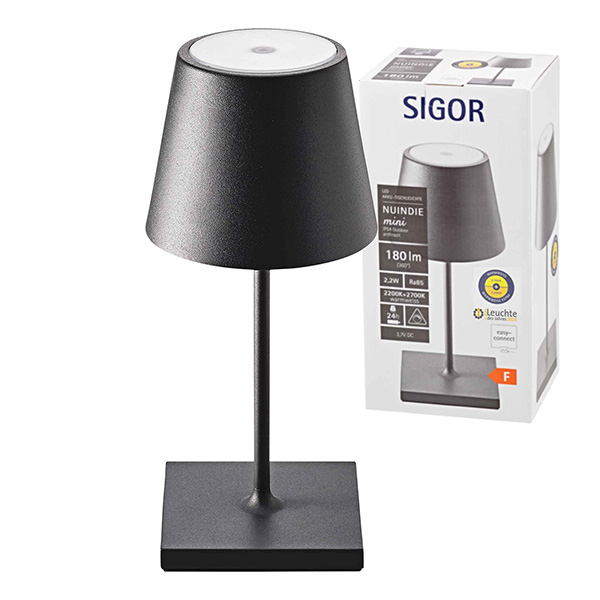 61749_1 LED Akku-Tischleuchte NUINDIE Metall Schwarz 2,2W 168/197lm 2200K/2700K Flex Dim IP54 10x10x38cm