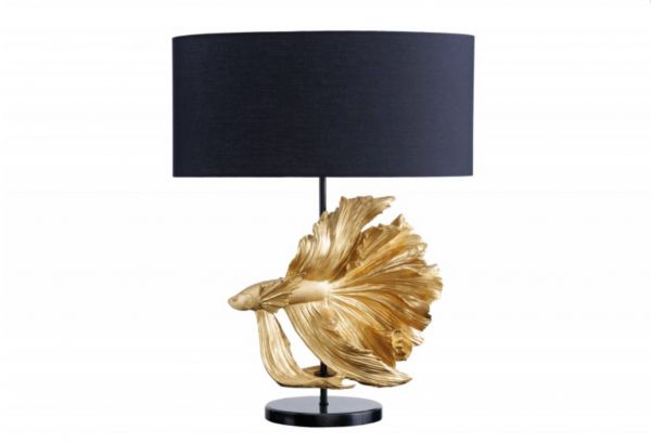 Tischlampe CROWNTAIL E27 Schwarz Gold Stoffschirm Marmorfuß Unikat 50x64x50cm