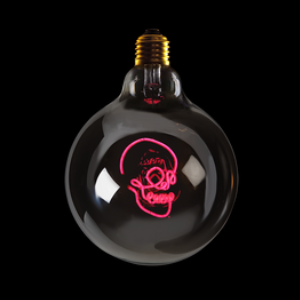 LED Globebirne mit Designzug SKULL Rauchglas 2,5W G125 E27 12,5x12,5x17,2cm