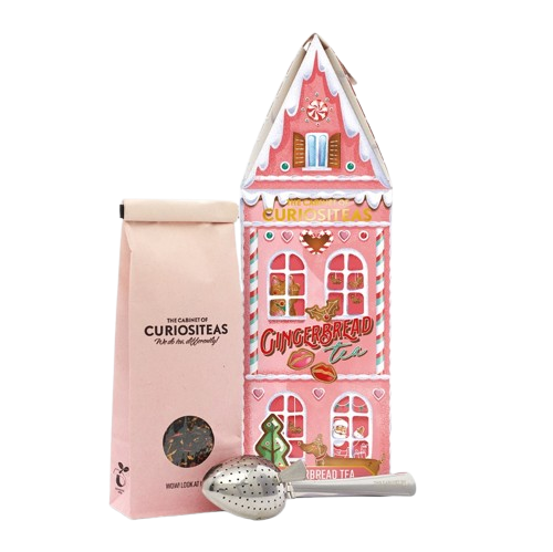 Geschenkbox LEBKUCHENHAUS PINK mit Weihnachtstee und Teepresse 70g