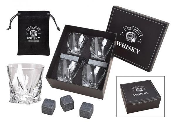 13-teiliges Whisky-Kühlstein Geschenkset mit 8 Basaltsteinen, 4 Gläsern und Samtbeutel