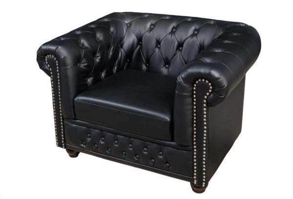 Design Sessel CHESTERFIELD matt schwarz Knopfheftung Federkern 110x73x85cm